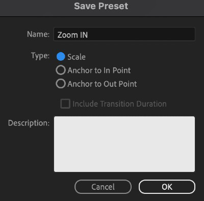 chọn save preset và đánh dấu vào ô scale